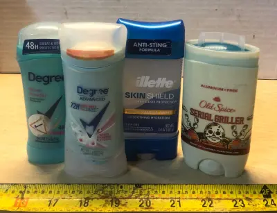 2.6oz 48h Degree deodorant, 2.6oz 72h Degree deodorant, 3.8oz Gillette deodorant, 3oz Old Spice deodorant