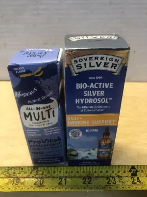 2oz huggibles all in one pet supplement, 4oz sovereign silver bio active silver hydrosol