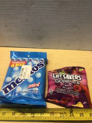 2 packs 6 rolls each mentos exp:4/28, 3.22oz gummie life savers exp:8/26