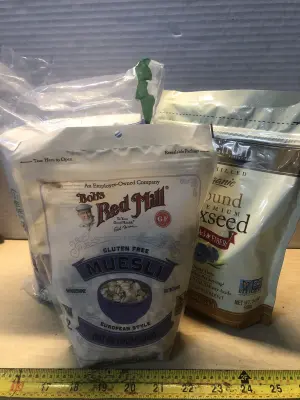 5lb Gold metal all purpose flour exp:5/15/27, 16oz bobs red mill muesli exp:1/12/27, 24oz organic flaxseed exp:12/8/26