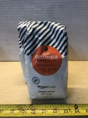2 bags 12oz Amazon fresh decaf whole coffee beans exp:1/20/27 one bag has a slit