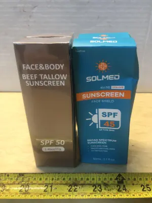 2 boxes 2.46oz beef tallow sunscreen, 2 boxes 1.7oz Solmed sunscreen