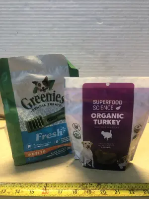 12oz greenies dental treats exp:4/27/29, superfood science dog treat sticks