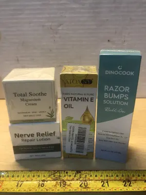 2.12oz total soothe magnesium cream, 3.35oz nerve relief repair lotion, 2oz vitamin E oil, 3.4oz Razor bump roll on