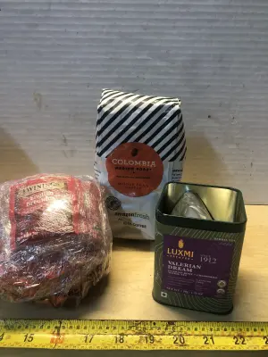 Bundle of English breakfast tea bags, 12oz Amazon fresh whole coffee beans, 1.76oz herbal tea exp:11/20/27