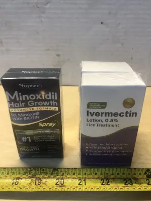 1oz minoxidil hair growth spray, 2 boxes 2oz ivermectin lice treatments