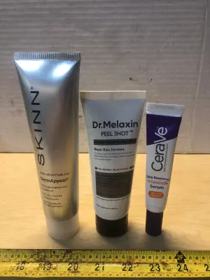 Skinn dermappeal treatment, 3.38oz Dr Melaxin peel shot black rice whip cleanser, 1oz Cerave vitamin serum