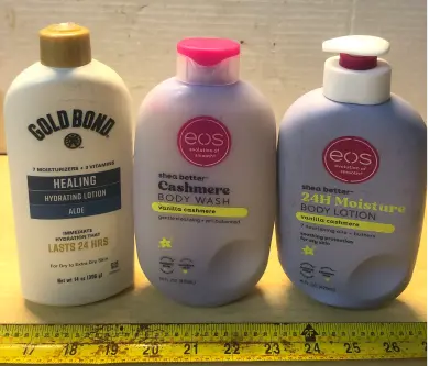14oz Gold Bond lotion cap broke, 16oz eos body wash, 16oz eos body lotion