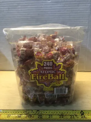 64.8oz Atomic fireballs missing lid exp:no date