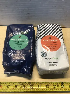 12oz Amazon fresh ground coffee exp:5/2/26, 12oz Amazon fresh whole bean coffee exp:11/30/26