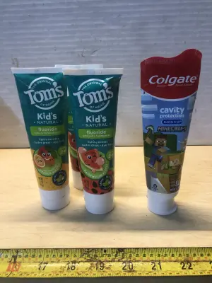 3 tubes 5.1oz Toms kids toothpaste, 4.6oz Colgate kids toothpaste