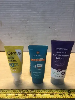 3 tubes 1.7oz Solmed sunscreen 1.62oz cerave sunscreen, 3oz Amazon basics sunscreen