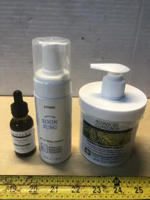 1.8oz DRMTLGY renew needle-less serum, 5.07oz ETUDE whip cleanser, 16oz Advanced clinicals thermo firming cream