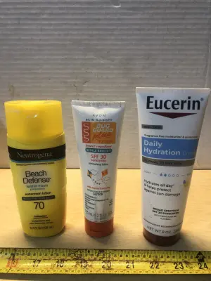 6.7oz Neutrogena sunscreen, 4.2oz Avon unscented repellent and sunscreen, 8oz Eucerin moisturizer and sunscreen