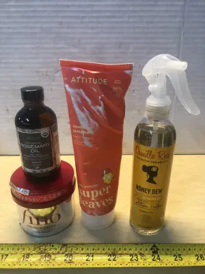 4oz organic rosemary oil, fino hair mask, 8oz Attitude kids conditioner, 8oz Camille Rose honey dew hair spray