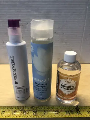 6.8oz Paul Mitchell Thickening styler, 10oz Derma-e thickening shampoo, 8oz isopropyl myriatate for soap making