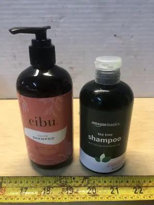 11.83oz Coby color shampoo, 10.14oz Amazon basics tea tree shampoo