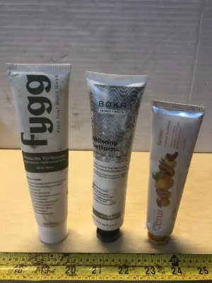 4oz Fugg toothpaste, 4oz Boka toothpaste, 3.4oz revitin toothpaste