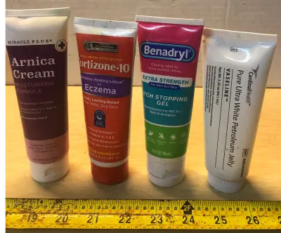 4oz miracle plus arnica cream, 3.5oz cortisone 10 healing lotion for eczema , 3.5oz Benadryl stop itch gel, 3.25oz cardinal health Vaseline