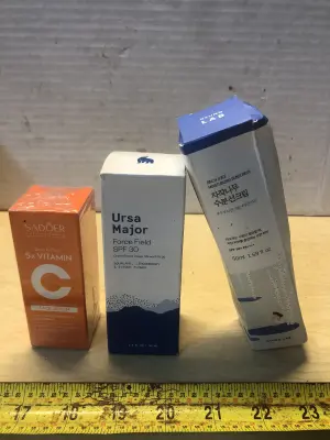 1oz Sadoer 5x vitamin C face serum, 1.7oz Ursa Major force field spf 30, 1.69oz Korean sunscreen