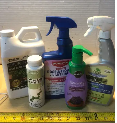 1/2 gallon garden box armor plant based garden bed sealer, 24oz Bioadvanced Rose and flower plant care, 8oz ivy plant fertilizer, 32oz natural guard spinosad soap controls garden insects, 8.3oz miracle gro blooming house plant food