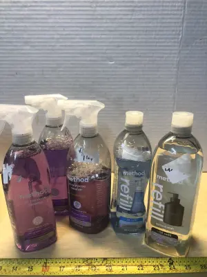 3 bottles 28oz method all purpose cleaner some spilled , 28oz method foaming hand wash, 34oz method gel hand wash