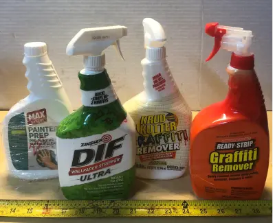 22oz Max strip pre painting surface cleaner, 32oz Zinsser wall paper stripper, 32oz Kurd Kutter graffiti remover, 32oz ready strip graffiti remover