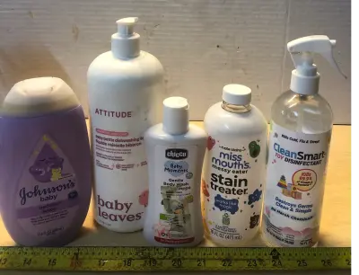 13.6oz Johnson’s baby bedtime lotion, 33.8oz Attitude baby bottle dishwashing liquid, 6.7oz Chicco baby body wash, 16oz moss mouths messy water stain treated, 16oz clean smart toy disinfectant