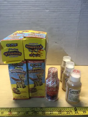 6 boxes 8oz Girafkids multivitamin exp:12/29/27, 4oz Tylenol children’s pain and fever, 3 bottles 4oz Genexa kids allergy exp:6/27