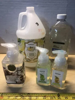 1 gallon pure max foaming hand soap cap broke some spilled, 64oz clean revolution liquid gel hand soap, 17.8oz Micheal design works foaming hand soap , 2 bottles 8.7oz lowery foaming hand soap