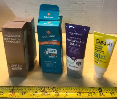2 boxes 2.46oz face and body beef tallow sunscreen, 5pc 1.7oz Solmed sunscreen, 3oz Amazon basics sunscreen , 1.62oz Cerave sunscreen