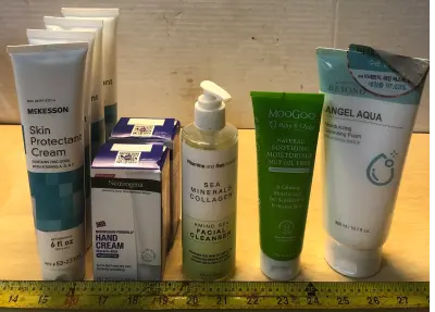 4 tubes 6oz McKesson skin protectant cream, 2 boxes 2oz Neutrogena Norwegian hand cream, 8oz sea minerals collagen facial cleanser, 4.2oz MooGoo baby and child calming moisturizer, 10.1oz passions beyond angel aqua cleansing foam