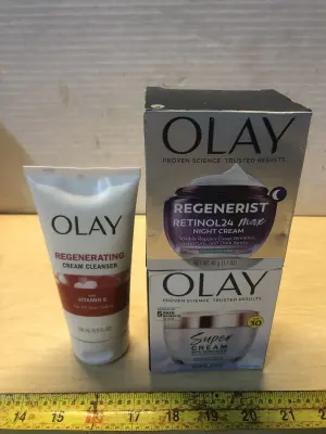 5oz Olay regenerating cream cleanser, 1.7oz Olay regenerist night cream, 1.7oz Olay super cream with sunscreen