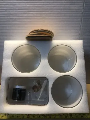 3pc round glass air tight containers, 1 square plastic air tight container with measuring cups and labels