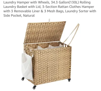 Laundry hamper with wheels 34.3gallon similar to image