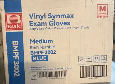 Blue vinyl synmax exam gloves size medium