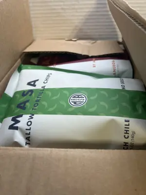 box of masa beef tallow tortilla chips
