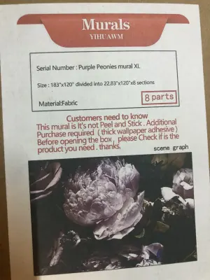 2 boxes purple peonies peel and stick paper 183”x120” divided into sections