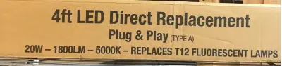 4ft LED direct replacement plug and play type A 20W-1800LM-500K replaces T12 fluorescent lamps